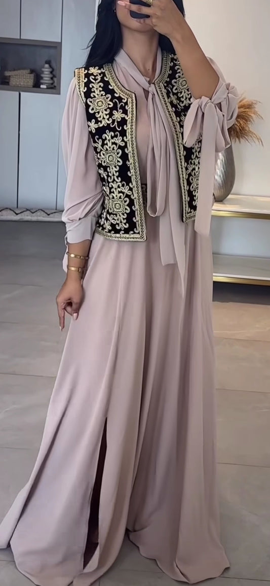 ensemble layali classique - abaya fluide & gilet brodé noir